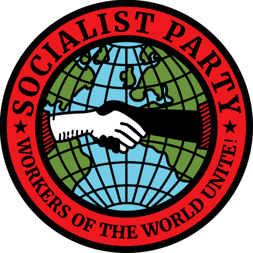 The Socialist Party USA's logo. It pictures a red outline that reads "Socialist Party: Workers of the World Unite" around a globe with two hands shaking overlayed on the top.